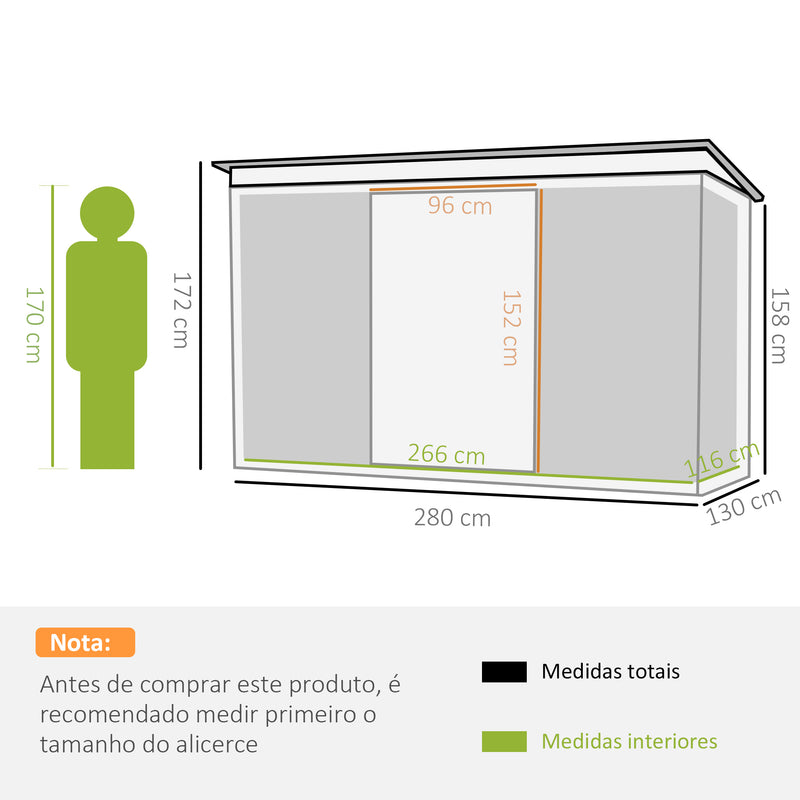 Barracão de jardim tipo galpão de metal para armazenamento de ferramentas 277x130x173cm Aço verde