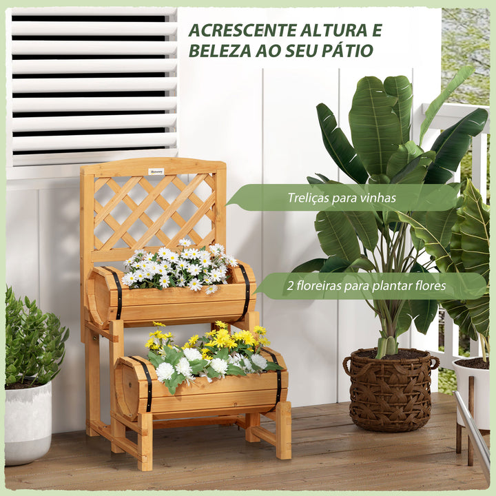 Floreira Dupla Tipo Barril com Treliça Floreira com 2 Plantadores Suporte para Trepadeira Cultivos de Plantas e Flores para Pátio Jardim Varanda 45x45x80cm Madeira