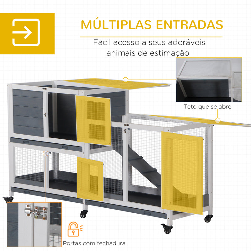 Coelheira de Madeira com Rodas 147x45,5x88,5cm Gaiola para Coelhos de 2 Níveis com Teto Abatível 2 Cercados de Metal 3 Bandejas Removíveis 3 Portas com Trava e Rampa Cinza