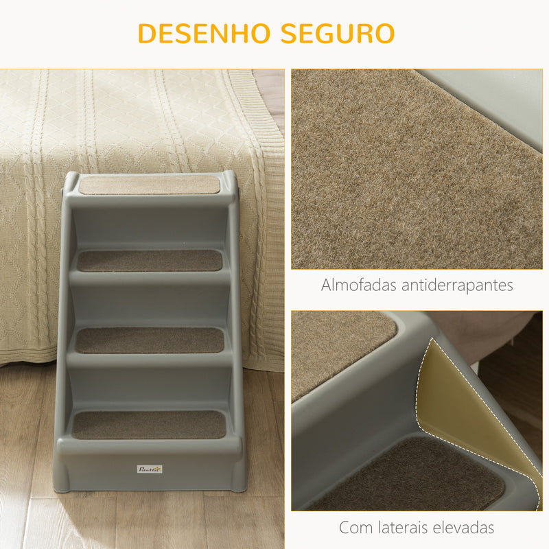 Escada Dobrável para Animais de Estimação de 4 Degraus para Cães Gatos Portátil com Tapetes Antiderrapantes para Cama Sofá Carga 20kg 62x38x49,5cm Cinza