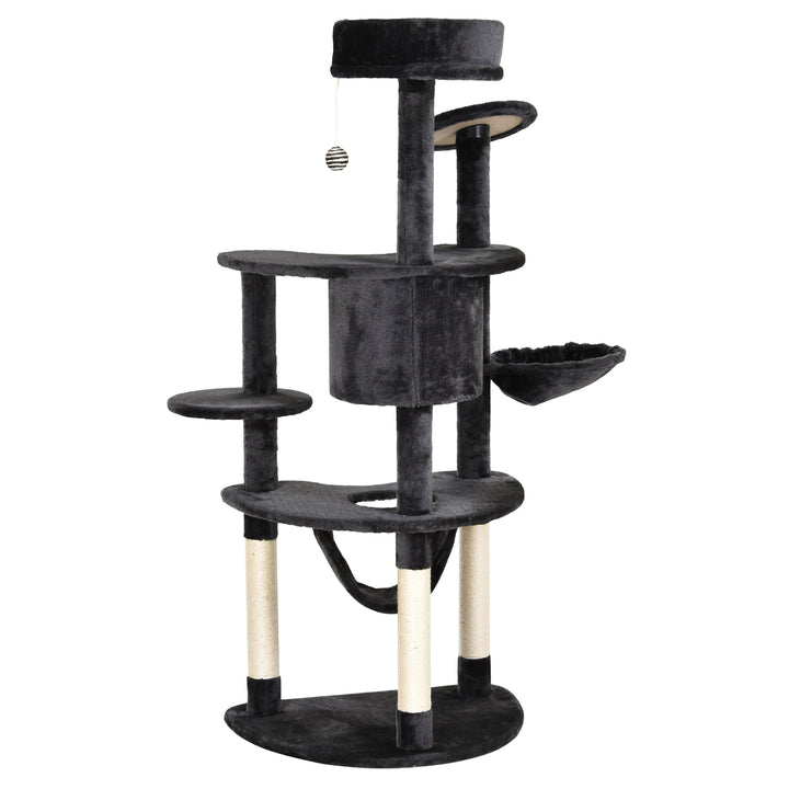 Árvore Arranhador para Gatos Grande Altura 155cm Torre de Escalada para Gatos com Caverna Redes Plataformas Postes Arranhadores de Sisal e Bola Suspensa Cinza Escuro