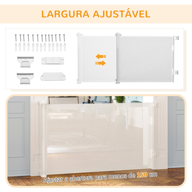 Barreira de Segurança para Cães Extensível 0-150cm Porta de Proteção Retrátil para Animais de Estimação Barreira para Escadas e Corredores Liga de Alumínio 165x10,7x85cm Branco