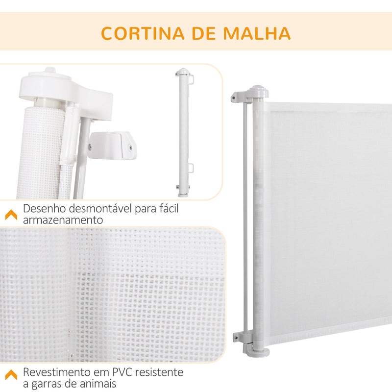 Barreira de Segurança para Cães Extensível 0-150cm Porta de Proteção Retrátil para Animais de Estimação Barreira para Escadas e Corredores Liga de Alumínio 165x10,7x85cm Branco