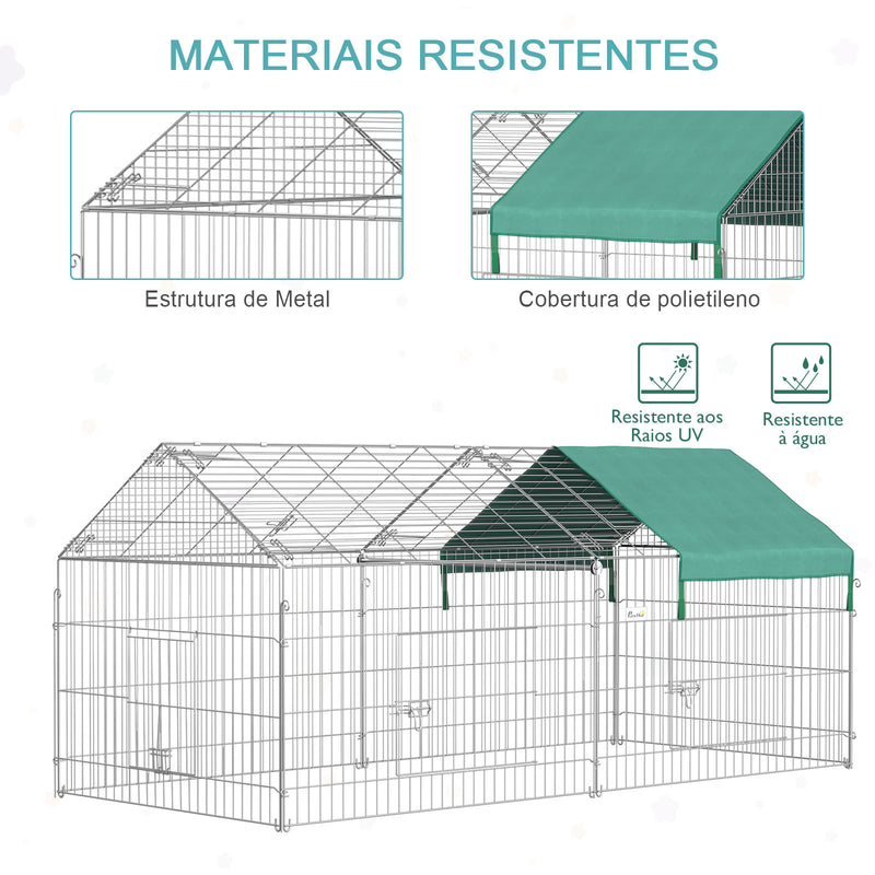 Gaiola para Animais de Estimação Pequenos 220x103x103cm Gaiola para Coelhos e Galinhas com 2 Portas e Proteção Solar para Exterior Jardim Pátio Prata e Verde