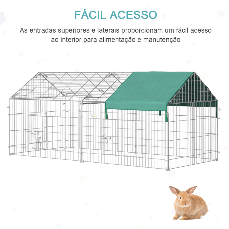 Gaiola para Animais de Estimação Pequenos 220x103x103cm Gaiola para Coelhos e Galinhas com 2 Portas e Proteção Solar para Exterior Jardim Pátio Prata e Verde