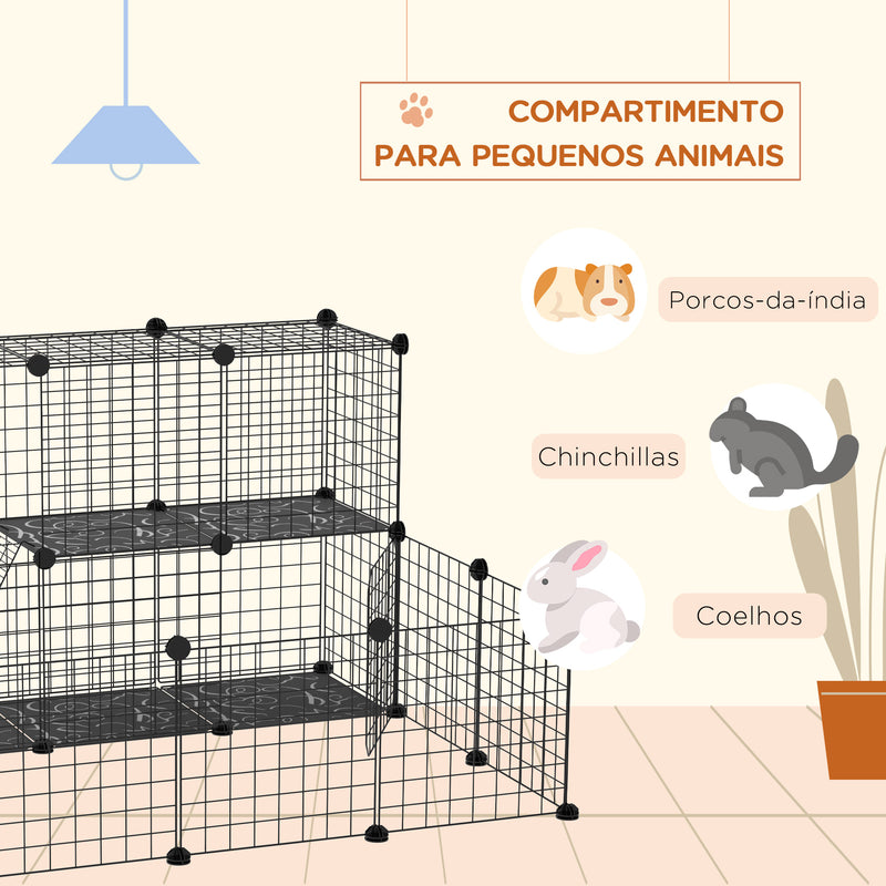 Cerca para Pequenos Animais DIY com 24 Painéis Parque para Animais de Estimação com Grade Metálica Gaiola Modular para Coelhos Chinchilas 105x105x70cm Preto