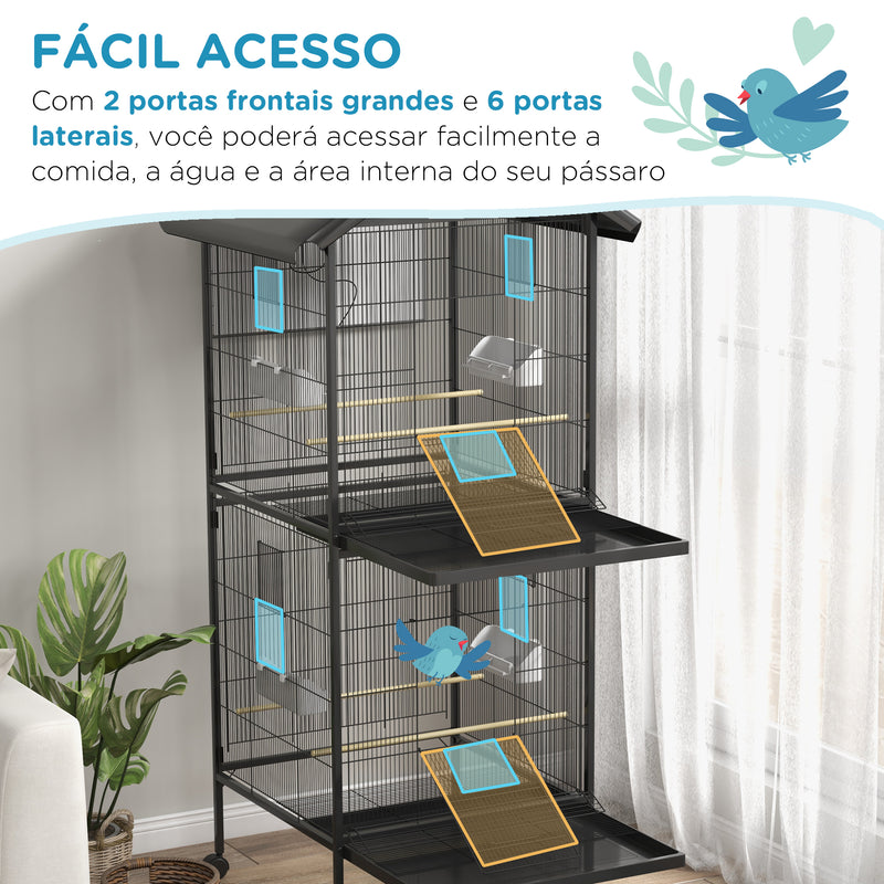 Gaiola para Pássaros 2 em 1 Gaiola de 2 Andares Convertível em Somente Uma com Rodas 4 Comedouros e 4 Poleiros e Bandejas Amovíveis para Canários 78x75x168 cm Preto