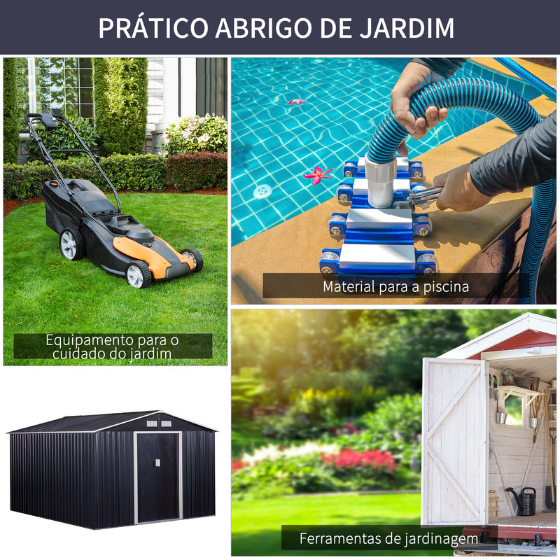 Abrigo de Jardim Exterior Abrigo e Jardim Metálico para Armazenamento de Ferramentas com Base Incluída e 4 Janelas 322x277x192cm Cinza Escuro