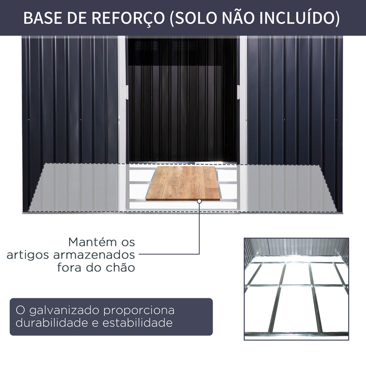 Abrigo de Jardim Exterior Abrigo e Jardim Metálico para Armazenamento de Ferramentas com Base Incluída e 4 Janelas 322x277x192cm Cinza Escuro