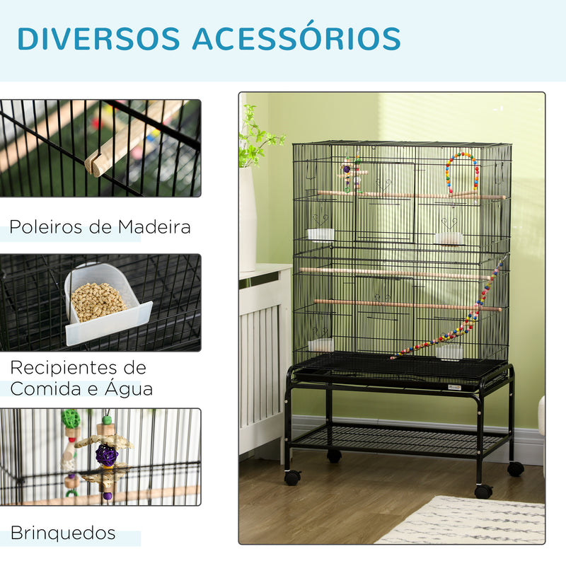 Gaiola para Pássaros com Rodas 79x49x133 cm Gaiola Metálica Grande com Suporte 4 Comedouros 3 Poleiros Brinquedos Bandeja Amovível e Prateleira para Canários Periquitos Preto