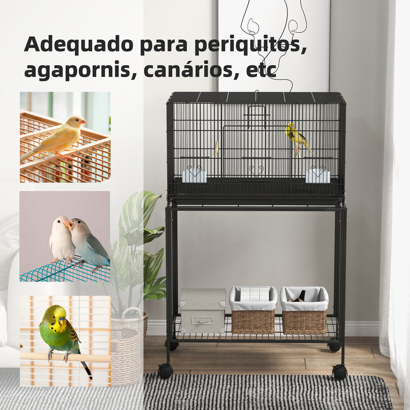 Gaiola para Pássaros com Rodas 77x46x119 cm Gaiola de Metal para Pássaros com Bandeja Amovível 2 Poleiros 2 Comedouros e Prateleira de Armazenamento para Periquitos Canários Preto