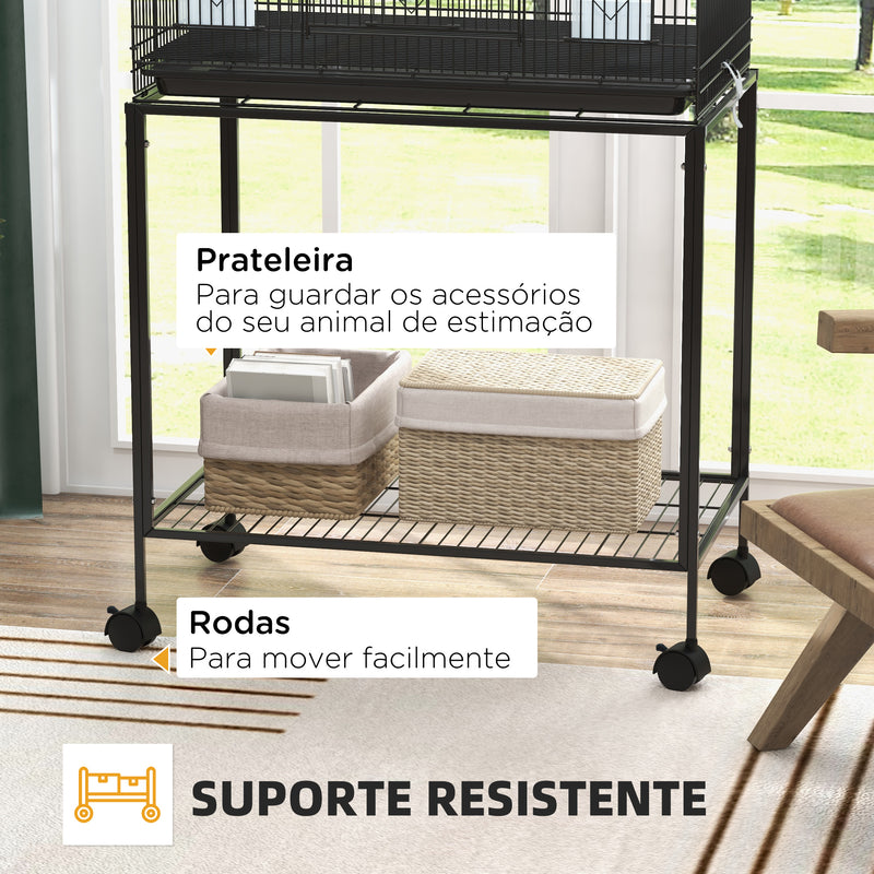 Gaiola para Pássaros com Rodas 77x46x119 cm Gaiola de Metal para Pássaros com Bandeja Amovível 2 Poleiros 2 Comedouros e Prateleira de Armazenamento para Periquitos Canários Preto