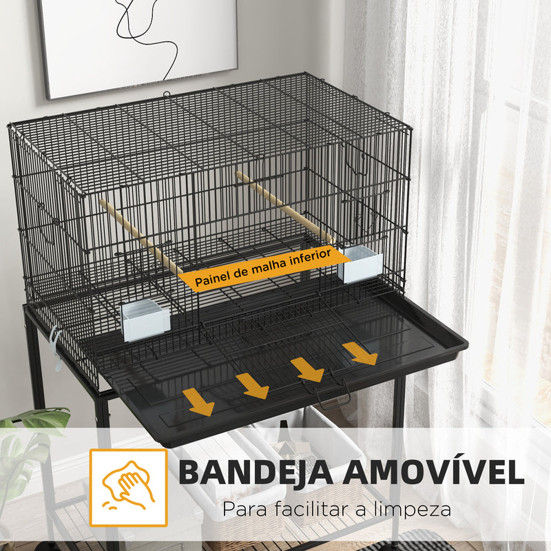 Gaiola para Pássaros com Rodas 77x46x119 cm Gaiola de Metal para Pássaros com Bandeja Amovível 2 Poleiros 2 Comedouros e Prateleira de Armazenamento para Periquitos Canários Preto