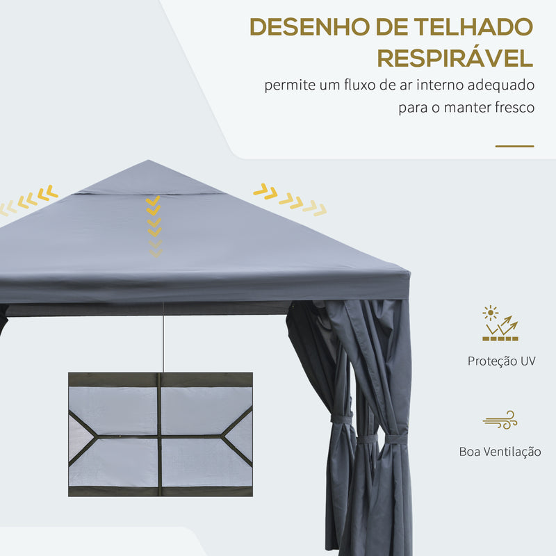 Pérgola 4x3 m Pérgola com 6 Cortinas com Zíper Teto com Ventilação 8 Orifícios de Drenagem para Festas Reuniões ao Ar Livre Cinza