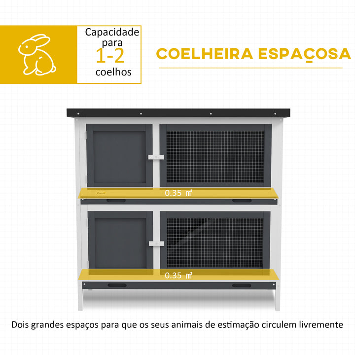 Coelheira de Madeira Gaiola para Coelhos de 2 Pisos 97x44x91 cm com Teto Asfáltico Portas com Trava Bandejas Amovíveis e Rampa para 2 Coelhos Cinza