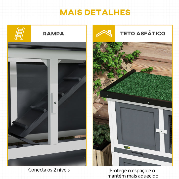 Coelheira de Madeira Gaiola para Coelhos de 2 Pisos 97x44x91 cm com Teto Asfáltico Portas com Trava Bandejas Amovíveis e Rampa para 2 Coelhos Cinza