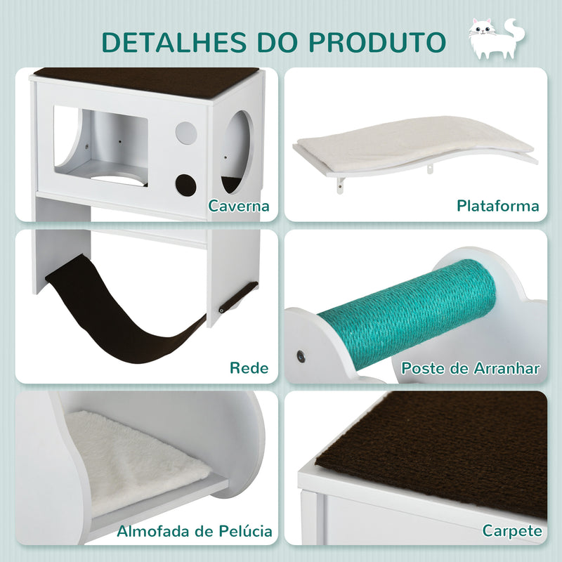 Prateleiras de Parede para Gatos com 3 Peças Centro de Atividades para Gatos com Caverna Rede Plataformas Almofadas Suaves e Poste de Sisal Branco e Preto