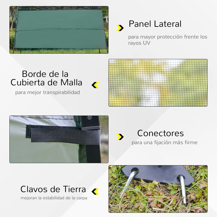 Tenda Dobrável com Proteção UV Altura ajustável de 2 niveis Tecido Oxford com estrutura de aço com Lateral e Bolsa de Transporte 220x220x208 cm verde