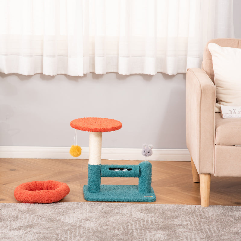 Árvore para Gatos Pequenos com Cama Removível Rolo com Sinos Poste Arranhador de Sisal Bola Suspensa e Brinquedo 37x25x45cm Azul e Laranja