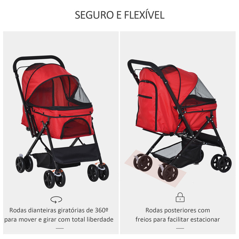 Carrinho para Animais de Estimação Dobrável Carro para Cães e Gatos com Capô Ajustável Cesta de Armazenamento Cinto de Segurança Tecido Oxford 600D Aço 76,5x52x95cm Vermelho