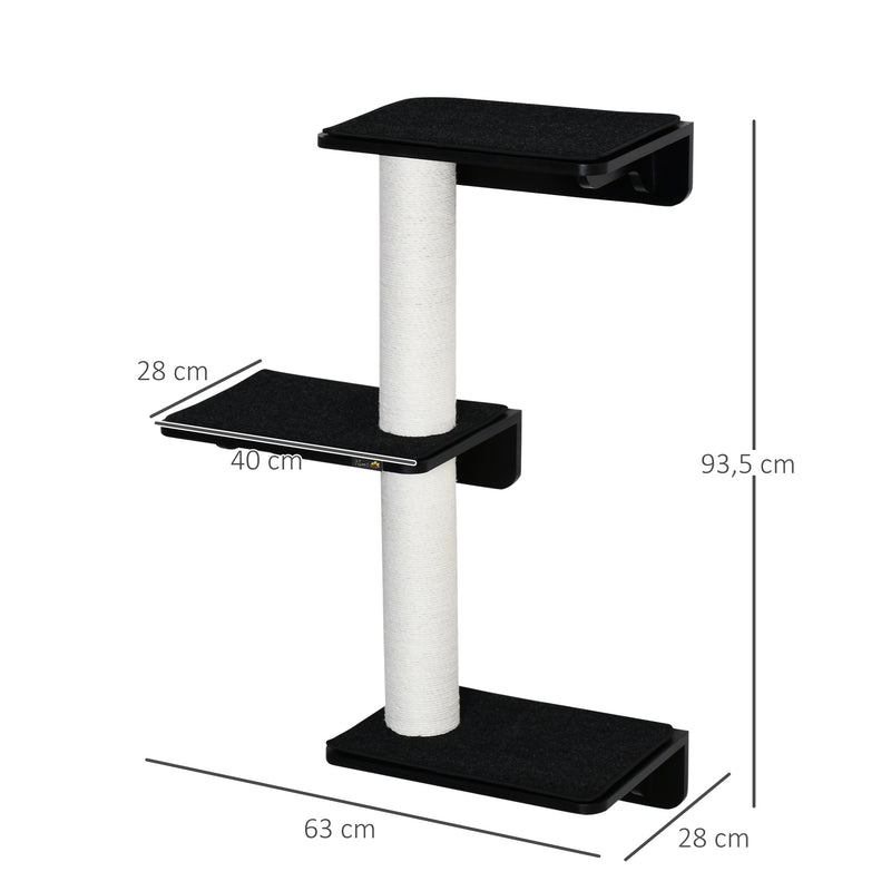 Árvore para Gatos de Parede com 3 Plataformas Almofada Removível e 2 Postes de Arranhar de Juta Torre para Escalar 63x28x93,5cm Preto e Bege