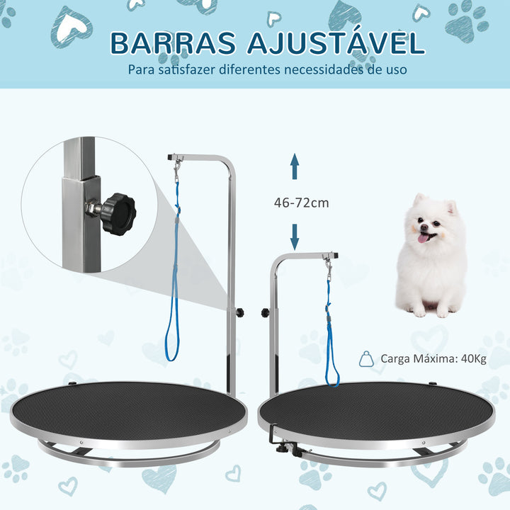 Mesa de tosquia para Animais de Estimação com Base Giratória Suporte Ajustável de 46-72cm Aço Inoxidável com Correia Ø65x10cm Preto