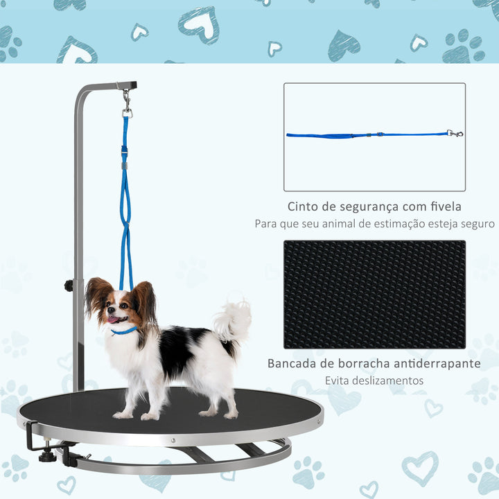 Mesa de tosquia para Animais de Estimação com Base Giratória Suporte Ajustável de 46-72cm Aço Inoxidável com Correia Ø65x10cm Preto