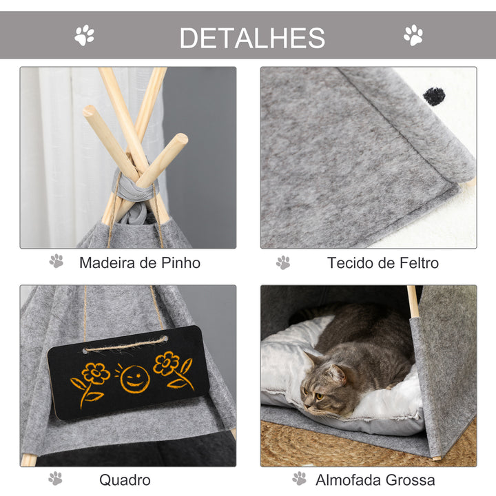 Tenda tipi para Animais de Estimação de Feltro com Almofada lavável e Removível 58x58x80cm Cinza