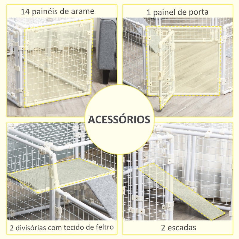 Gaiola Metálica para Animais de Estimação Gaiola para Coelhos com 16 Painéis com Trava e Escada para Cobaias Desenho DIY 68x68,2x2,5cm Branco