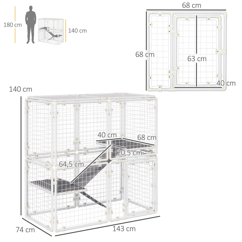 Gaiola Metálica para Animais de Estimação Gaiola para Coelhos com 16 Painéis com Trava e Escada para Cobaias Desenho DIY 68x68,2x2,5cm Branco