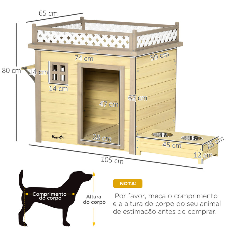 Casa para Cães de Madeira Casa para Cães Pequenos com 2 Janelas 2 Tigelas de Aço Inoxidável e Espaço de Cultivo para Interior e Exterior 105x65x80cm Natural