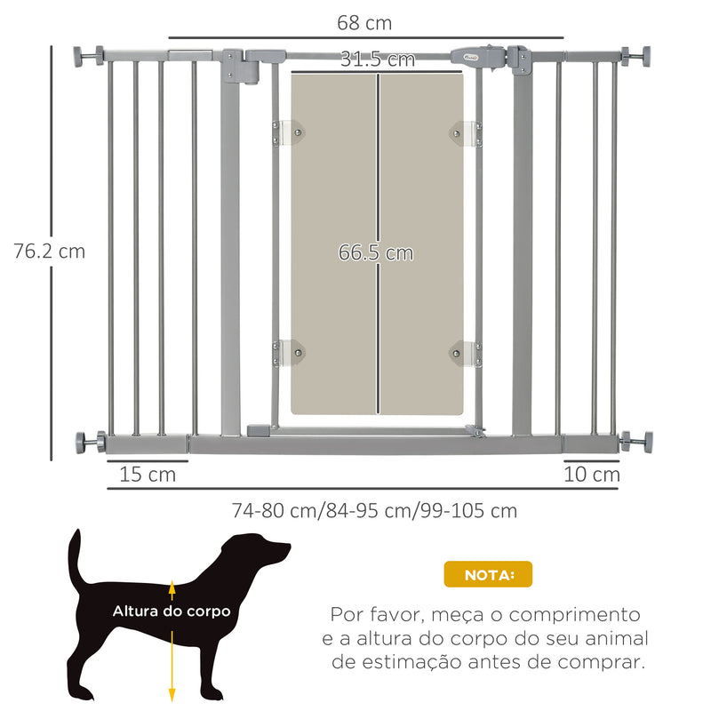 Barreira de Segurança de Cães para Escadas e Portas 74-105cm com 2 Extensões de Aço 10/15cm Porta de Acrílico e Fechamento Automático Altura 76,2cm Cinza