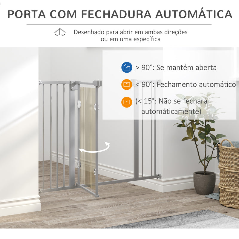 Barreira de Segurança de Cães para Escadas e Portas 74-105cm com 2 Extensões de Aço 10/15cm Porta de Acrílico e Fechamento Automático Altura 76,2cm Cinza