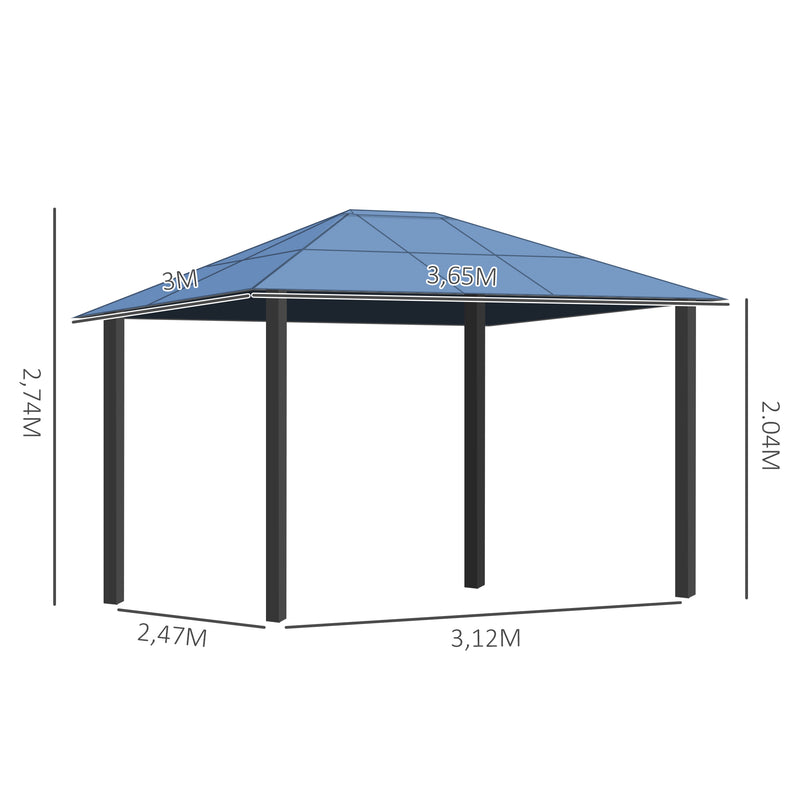 Gazebo de jardim 3,65x3 m Pavilhão de aço com telhado de policarbonato de 6 mm Proteção UV 50+ e 4 cortinas laterais Bege