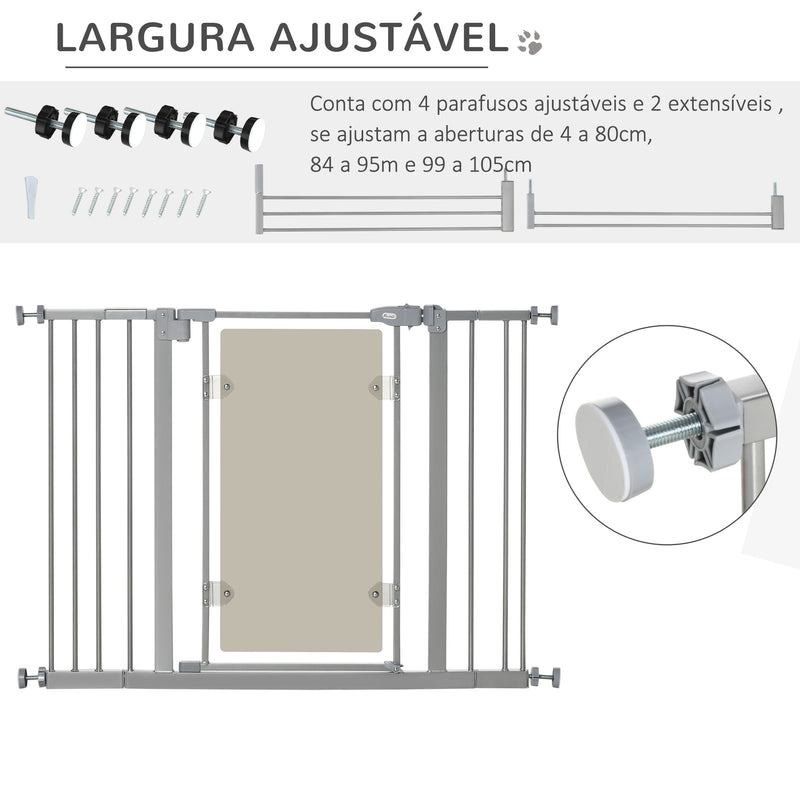 Barreira de Segurança de Cães para Escadas e Portas 74-105cm com 2 Extensões de Aço 10/15cm Porta de Acrílico e Fechamento Automático Altura 76,2cm Cinza