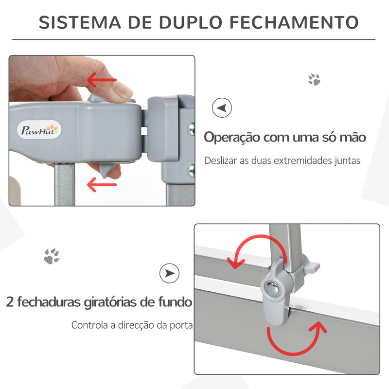 Barreira de Segurança de Cães para Escadas e Portas 74-105cm com 2 Extensões de Aço 10/15cm Porta de Acrílico e Fechamento Automático Altura 76,2cm Cinza