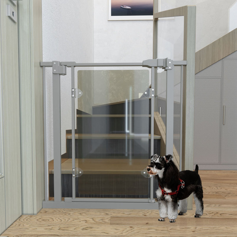 Barreira de Segurança de Cães para Escadas e Portas 74-105cm com 2 Extensões de Aço 10/15cm Porta de Acrílico e Fechamento Automático Altura 76,2cm Cinza