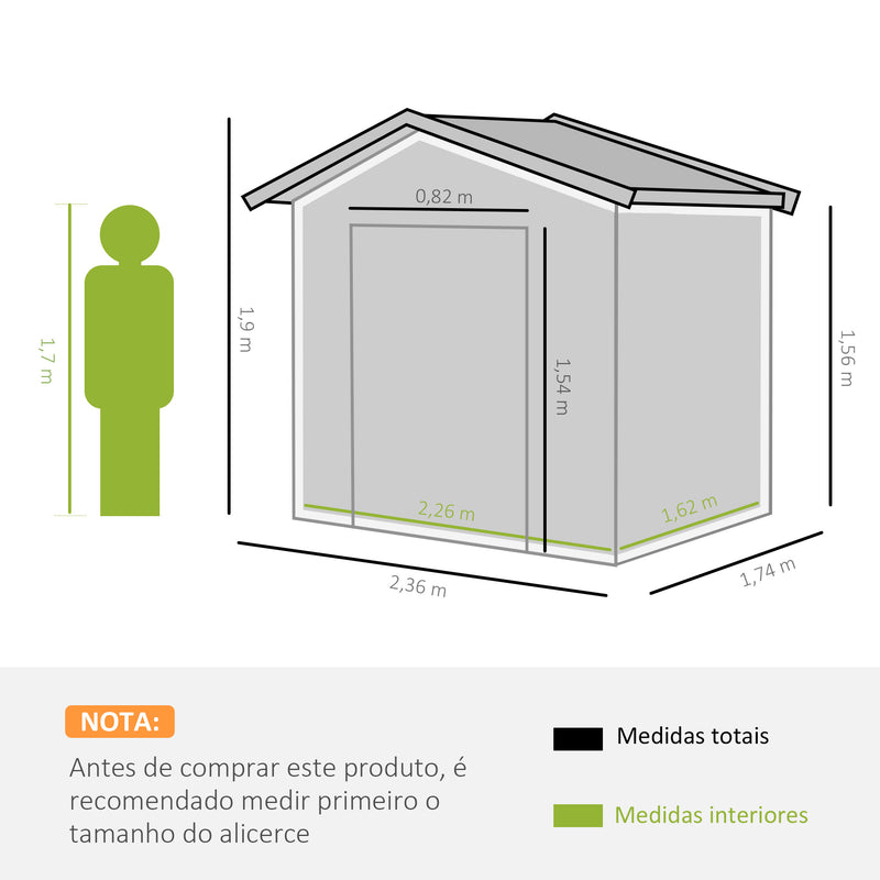 Abrigo de Jardim de 4,1 m² 236x174x190 cm Abrigo de Exterior para Armazenamento de Ferramentas com Portas de Correr e 4 Janelas de Ventilação para Pátio Cinza