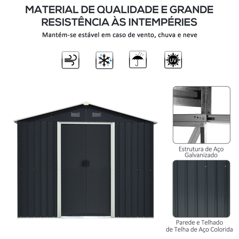 Abrigo de Jardim de 4,1 m² 236x174x190 cm Abrigo de Exterior para Armazenamento de Ferramentas com Portas de Correr e 4 Janelas de Ventilação para Pátio Cinza