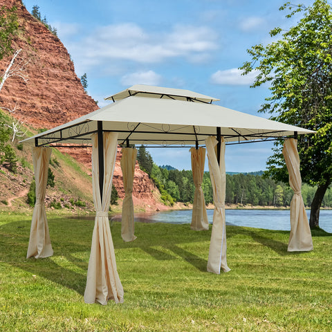 Pérgola de Jardim com Estrutura de Aço Teto Duplo 6 Cortinas Laterais 8 Orifícios de Drenagem 300x400x280 cm Creme