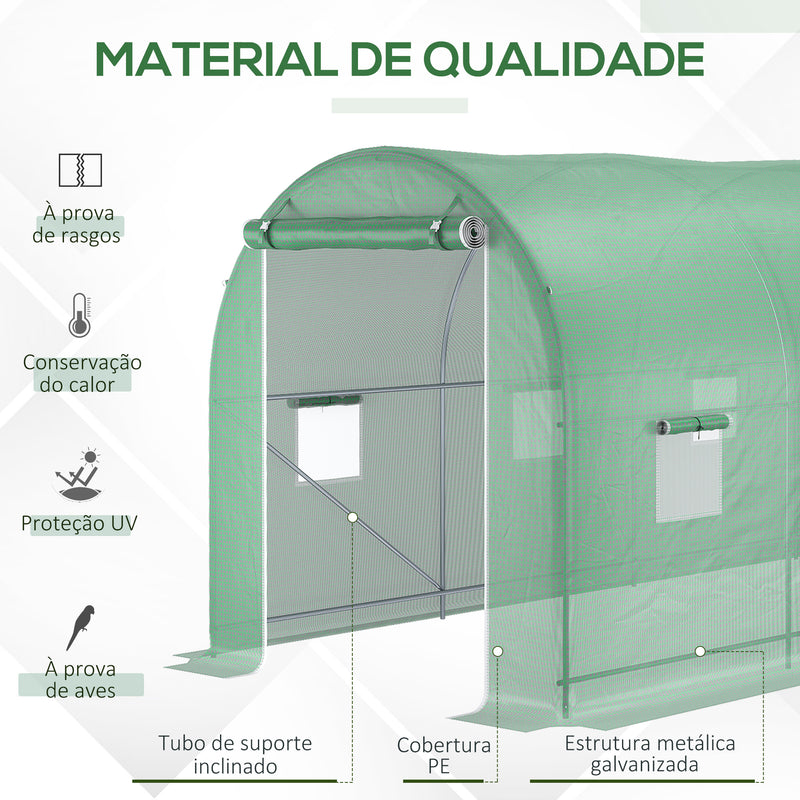 Estufa tipo Túnel 500x200x205 cm Estufa de Jardim com Porta Enrolável e 8 Janelas Cobertura de PE 140 g/m² Estrutura de Metal para Cultivo de Plantas Verduras Verde