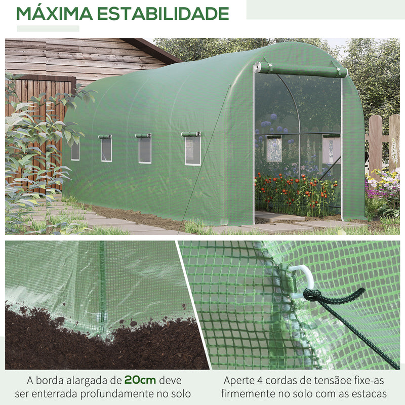 Estufa tipo Túnel 500x200x205 cm Estufa de Jardim com Porta Enrolável e 8 Janelas Cobertura de PE 140 g/m² Estrutura de Metal para Cultivo de Plantas Verduras Verde