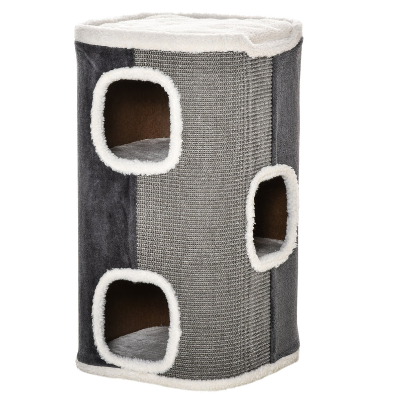 Barril Arranhador para Gatos 74cm de Altura Torre de Escalar com 3 Cavernas de Sisal e Pelúcia Plataforma de Velo 40x40x74cm Cinza