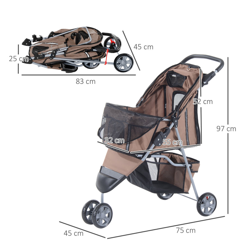 Carrito Dobrável Animais de Estimação para Cão e Gato Carrito Rodas 360º - Cor Castanho Café - 75x45x97 cm