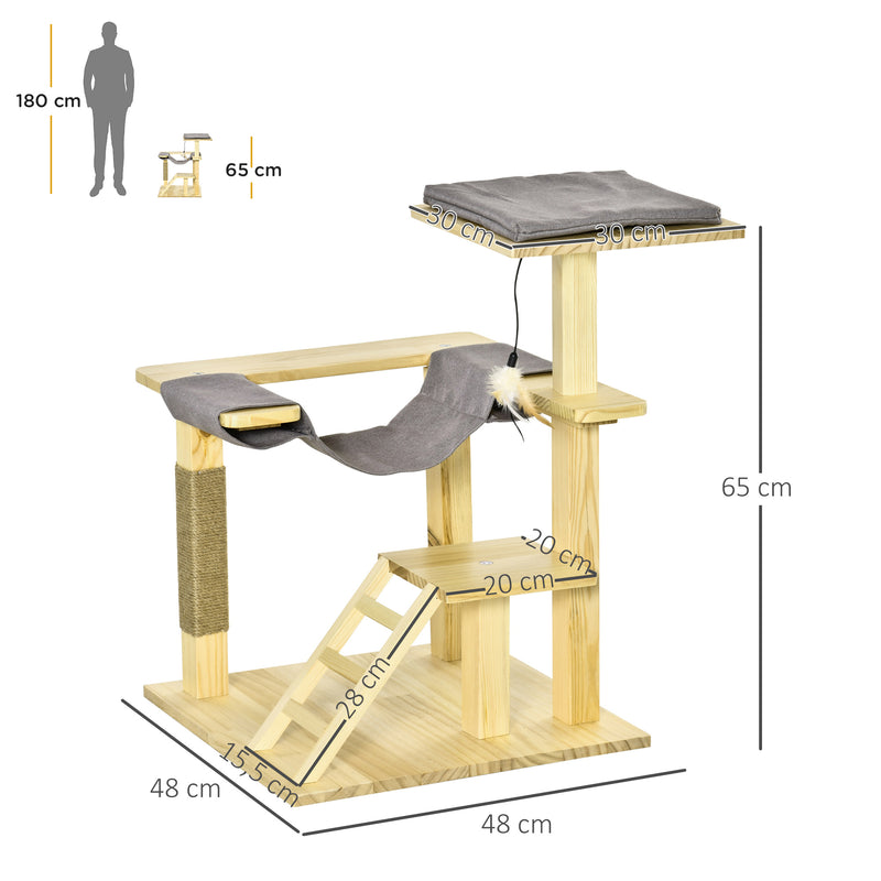 Árvore Arranhador para Gatos de Madeira Altura 65cm com Plataformas Coberto de Juta Rede Escada Almofada Removível de Tecido Oxford e Brinquedo Suspenso 48x48x65cm Natural