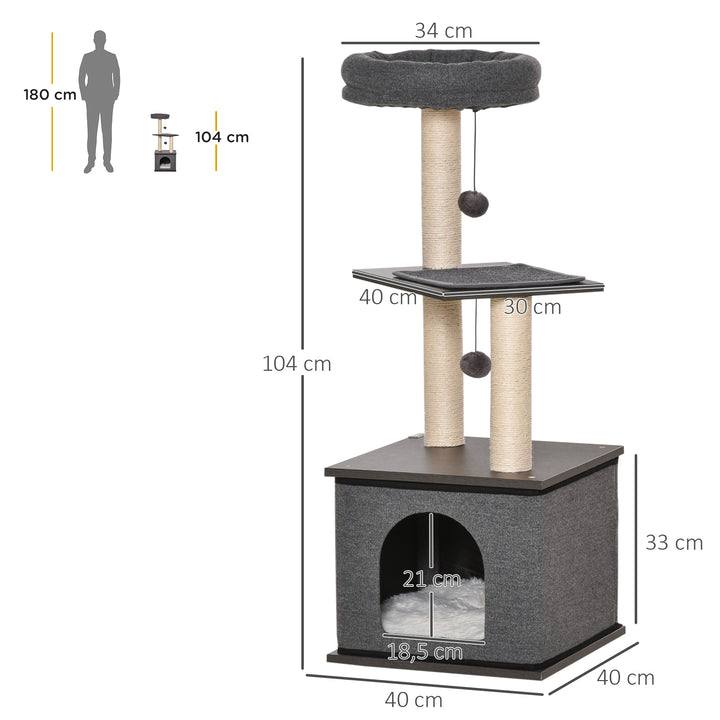 Árvore para Gatos com Caverna de Feltro Desmontável Postes Arranhadores de Sisal Natural Cama Superior Almofadas Removíveis e 2 Bolas de Brinquedo 40x40x104cm Cinza Escuro