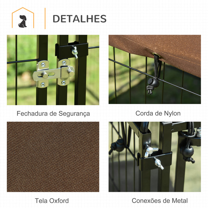 Parque para Cães com Toldo Suporte Giratório 2 Tigelas Incluídas para jardim 141x141x121cm Preto Marrom