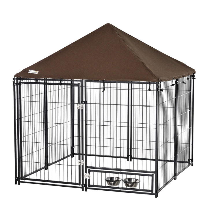 Parque para Cães com Toldo Suporte Giratório 2 Tigelas Incluídas para jardim 141x141x121cm Preto Marrom