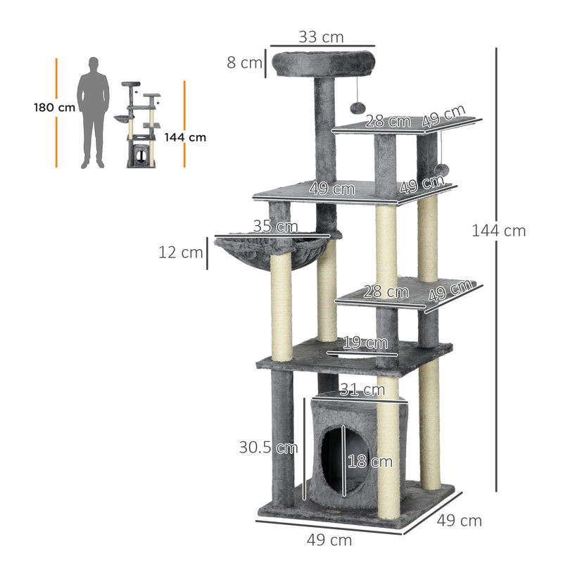 Arranhador para Gatos Grande 144 cm Torre para Gatos com Poste de Arranhar de Sisal Cama Caverna Plataformas e Bolas Suspensas 49x49x144 cm Cinza