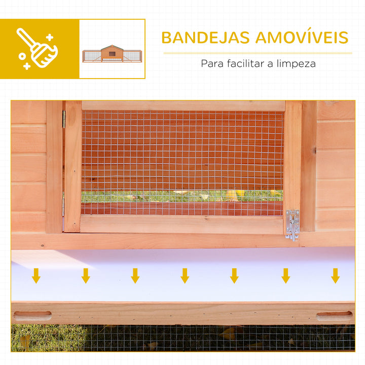 Coelheira de Madeira 309x79x86 cm Coelheira de Exterior Grande para 2-4 Coelhos 2 Cercados Bandeja Amovível Teto Asfáltico 2 Rampas Madeira